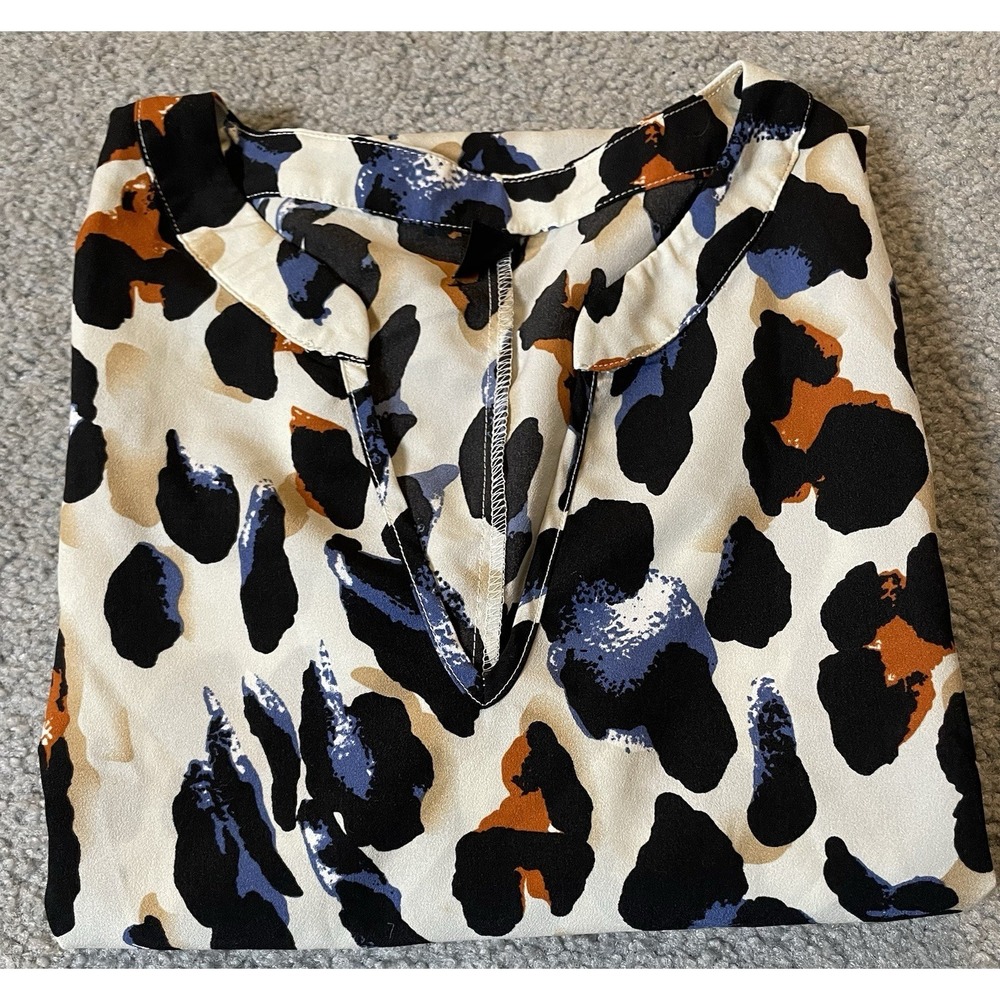 SHEIN Leopard Print Mini Dress Sz L Blue Rustic Brown Rounded Hem Casual - Picture 13 of 13